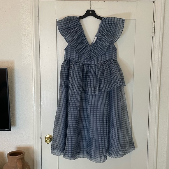GANNI Gingham Check Ruffle Organza Sleeveless Dress In Heather - Picture 2 of 6